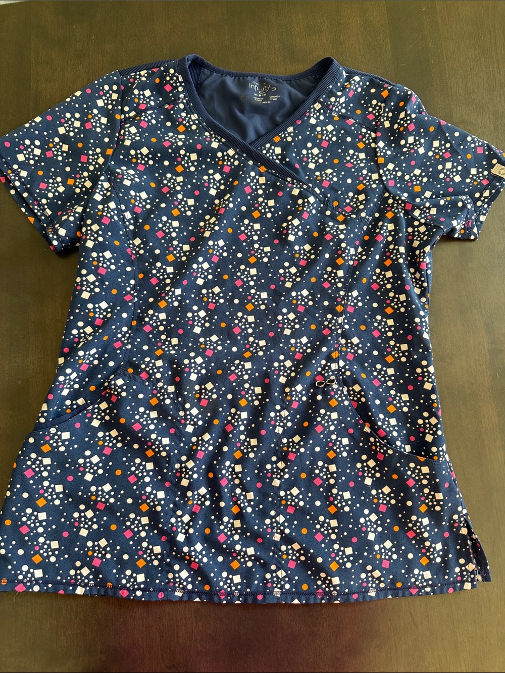 Navy Short Sleeve Scrub Top with Pink & Orange Geometric Print